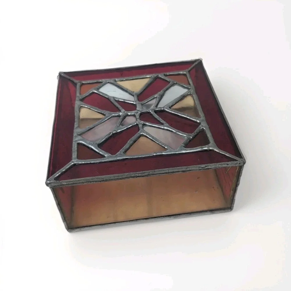 Stained Glass Trinket Box W/Top Red/Yellow Handmade Vintage Jewelry Cosmic 6X6x3